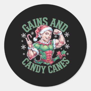 Funny Christmas Elf Gym Workout Gains And Candy Ca Classic Round Sticker