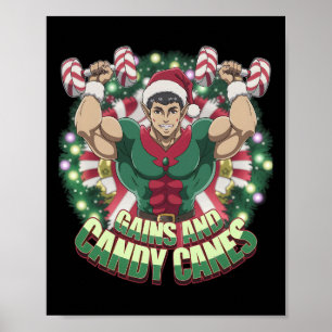 Funny Christmas Elf Gym Workout Gains And Candy Ca Poster