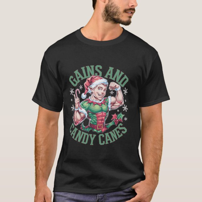Funny Christmas Elf Gym Workout Gains and Candy Ca T-Shirt (Front)