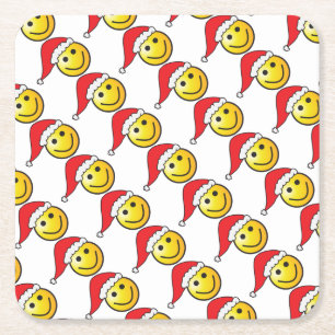 Funny Christmas Emoji Santa Hat Pattern Square Paper Coaster