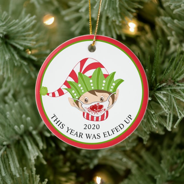 Funny Christmas Face Mask Elf 2020 Ceramic Ornament (Tree)
