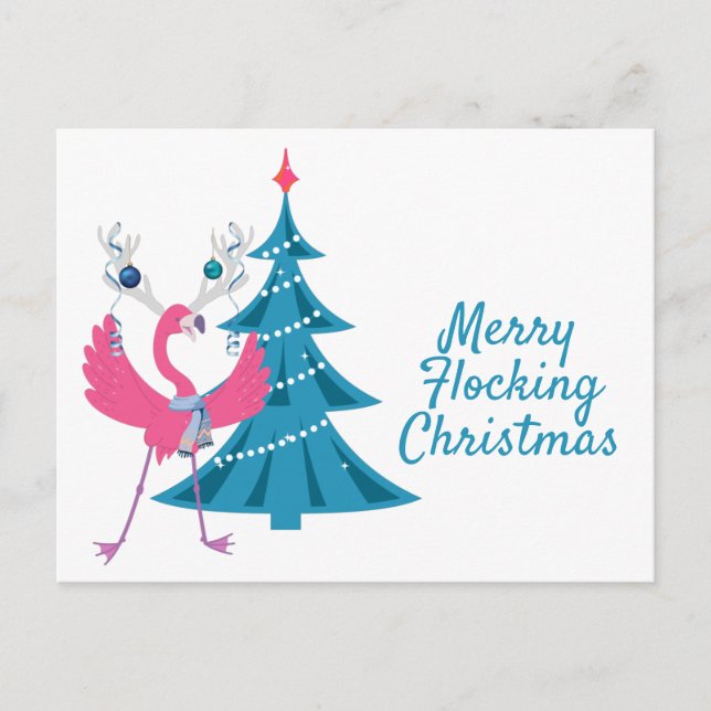 Funny Christmas Flamingo Reindeer Holiday Greeting Postcard (Front)
