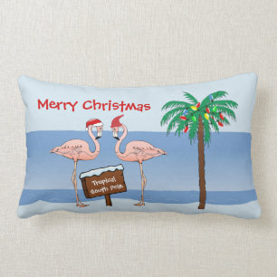 Funny Christmas Flamingo South Pole Tropical Beach Lumbar Pillow