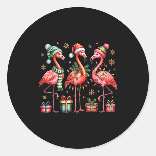 Funny Christmas Flamingos  Classic Round Sticker (Front)