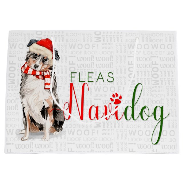 Funny Christmas Fleas Navidog Australian Shepherd Large Gift Bag (Front)