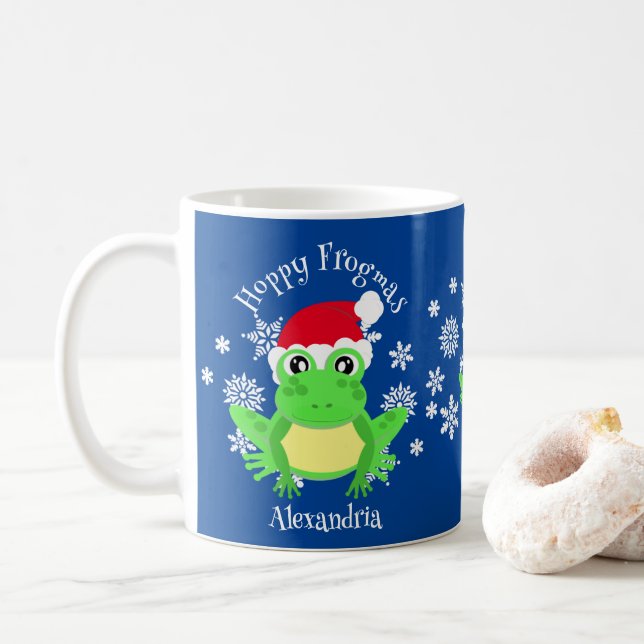 Funny Christmas Frog Santa Hat Blue Novelty Coffee Mug (With Donut)