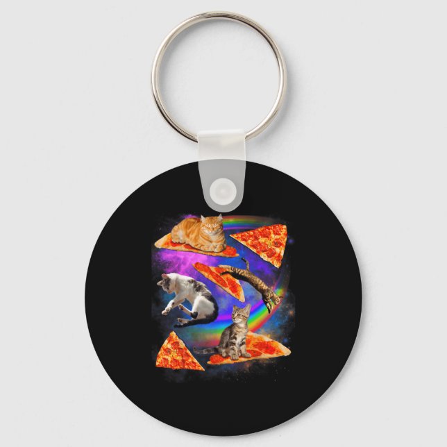 Funny Christmas Galaxy Cat In Space Cat Riding Zza Keychain (Front)
