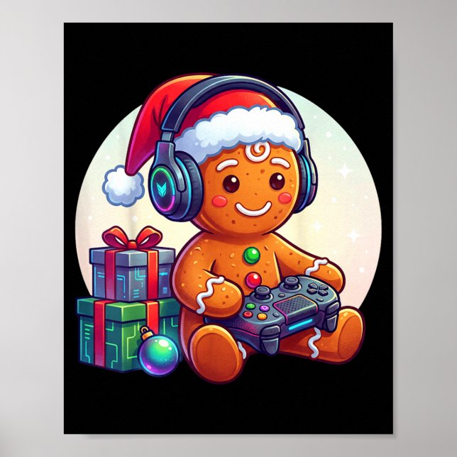 Funny Christmas Gamer Gingerbread Xmas Gaming Men  Poster (Front)