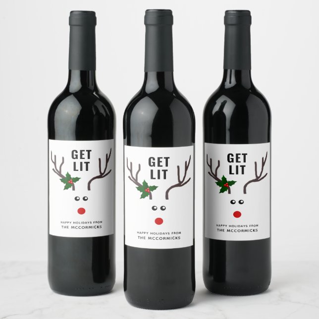 Funny Christmas Get Lit Red White Reindeer Wine Label (Bottles)