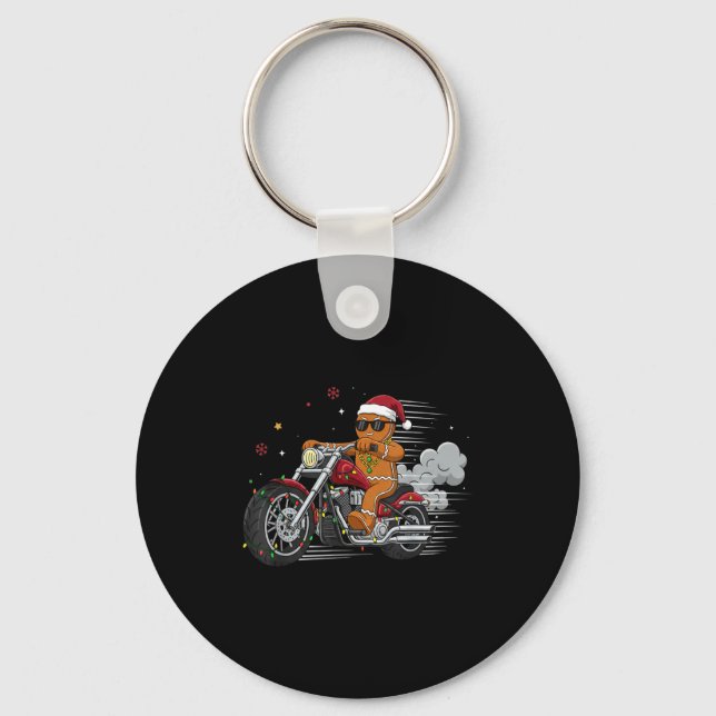 Funny Christmas Gingerbread Man Biker Riding A Mot Keychain (Front)
