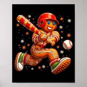 Funny Christmas Gingerbread Man Playing Baseball C Poster