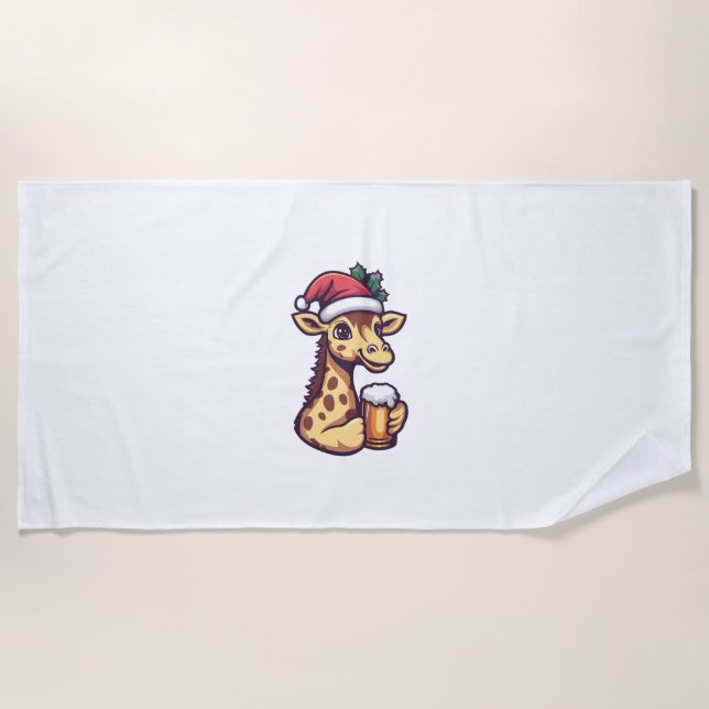 Funny Christmas Giraffe With Beer Comic   Beach Towel (Front)