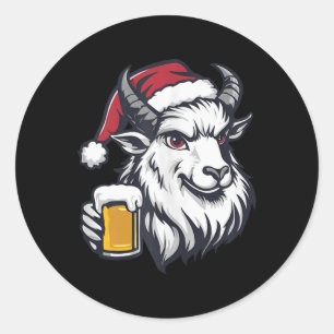 Funny Christmas Goat With Beer Comic  Classic Round Sticker