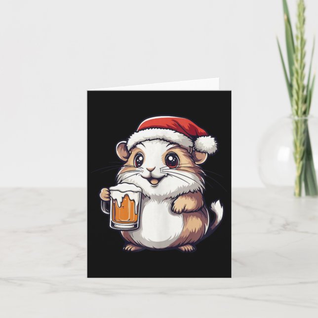 Funny Christmas Hamster With Beer Comic  Card (Front)