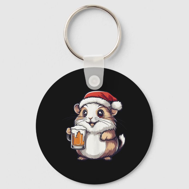Funny Christmas Hamster With Beer Comic  Keychain (Front)