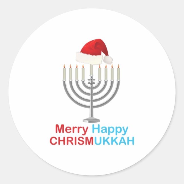 Funny Christmas Hanukkah  Santa Hat Menorah Classic Round Sticker (Front)