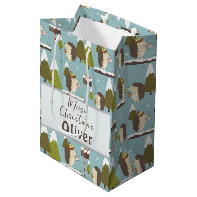 Funny Christmas Hedgehogs Kids Name Medium Gift Bag (Front Angled)