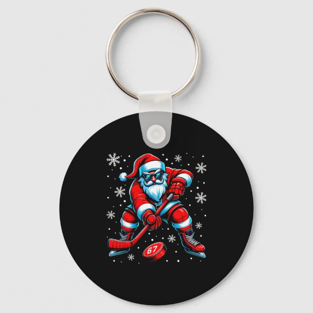Funny Christmas Hockey Cool Santa Claus 6 7 Meme T Keychain (Front)
