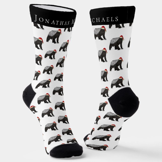 Funny Christmas Honey Badger Personalized Holiday Socks (Angled)