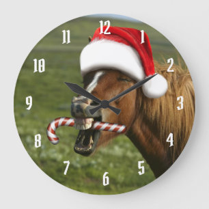 Funny Christmas horse with Santa hat smiling Large Clock