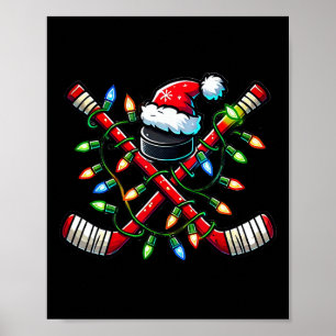 Funny Christmas Ice Hockey Sticks Santa Hat Lights Poster