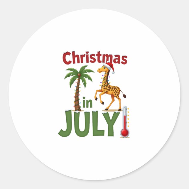 Funny Christmas in July Shirt Santa Giraffe Palm T Classic Round Sticker (Front)