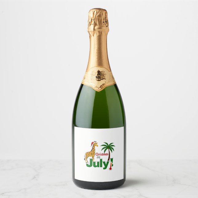 Funny Christmas in July Shirt Santa Giraffe Palm T Sparkling Wine Label (Front)