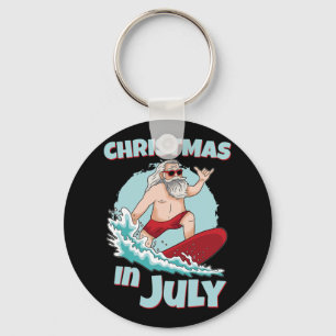 Funny Christmas In July Summer Santa Surfing Surfb Keychain
