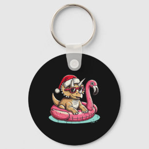 Funny Christmas In July Triceratops Santa Flamingo Keychain