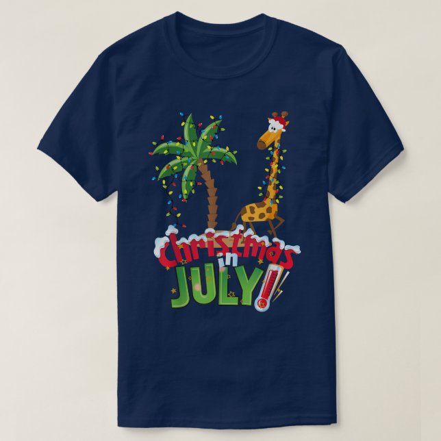 Funny Christmas in JulySanta Giraffe Palm Tree Xma T-Shirt (Design Front)