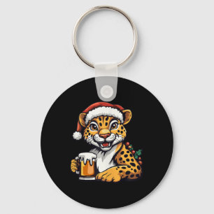 Funny Christmas Leopard With Beer Comic Keychain
