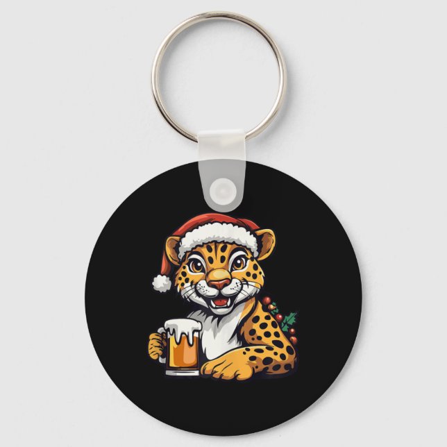 Funny Christmas Leopard With Beer Comic  Keychain (Front)
