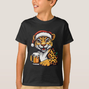 Funny Christmas Leopard With Beer Comic T-Shirt