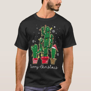 Funny Christmas Lights Cactus Santa Hat Cactus Lov T-Shirt