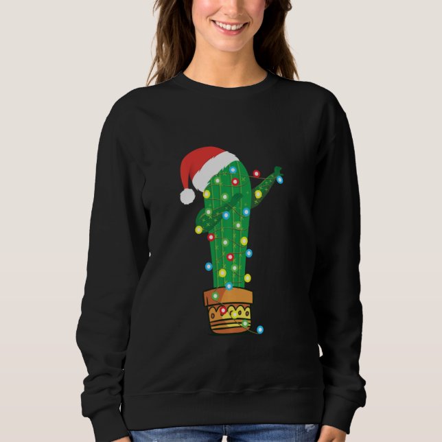Funny Christmas Lights Dabbing Cactus Santa Hat Ca Sweatshirt (Front)