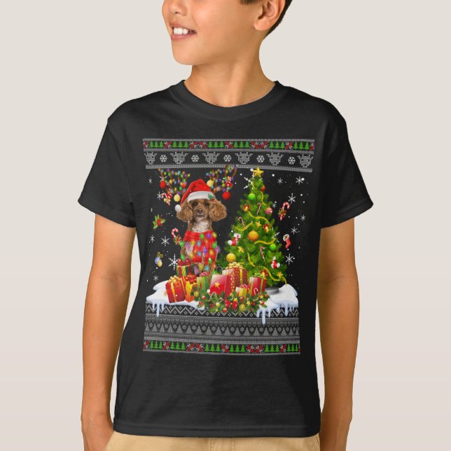 Funny Christmas Lights Poodle Dog Funny Xmas Ugly  T-Shirt (Front)