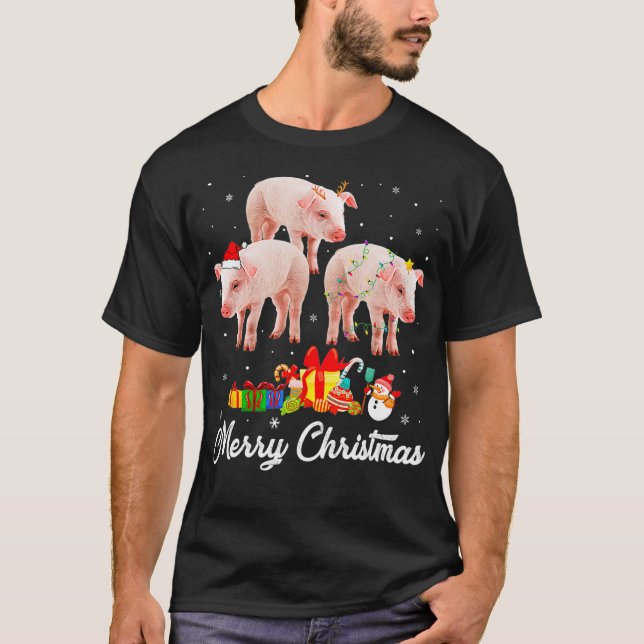 Funny Christmas Lights Xmas Pajama Pig Animals Lov T-Shirt (Front)