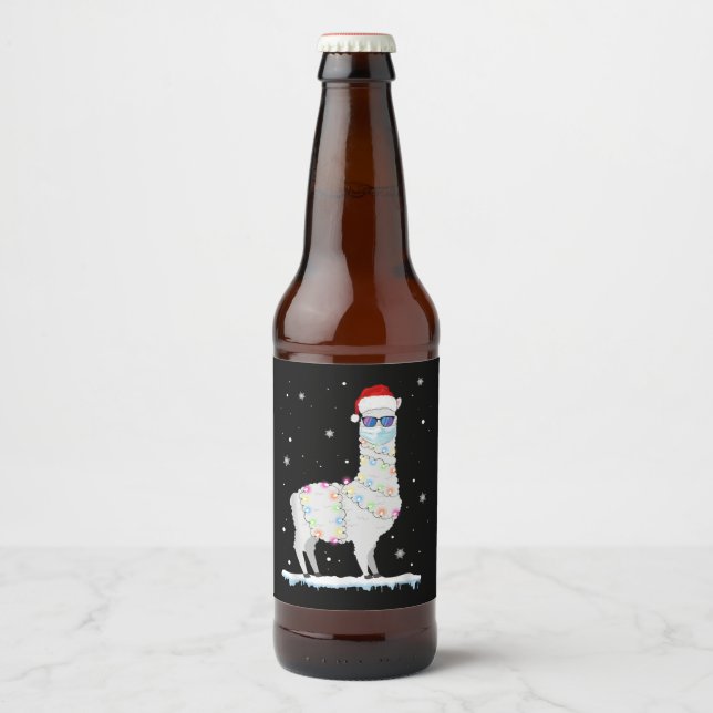Funny Christmas Llama Mask 2020 Xmas Family Pajama Beer Bottle Label (Front)
