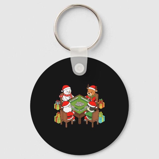 Funny Christmas Mahjong Santa Snowman Elf Reindeer Keychain (Front)