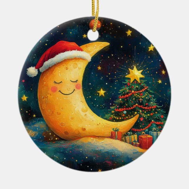 Funny Christmas Moon Galaxy Celebration Ceramic Ornament (Front)