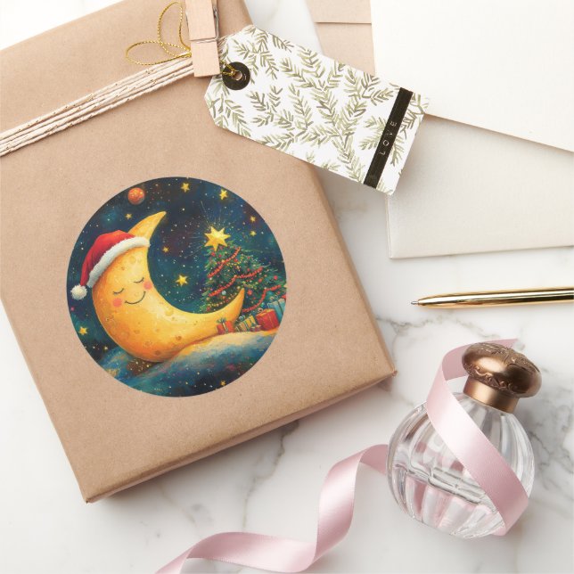 Funny Christmas Moon Galaxy Celebration Classic Round Sticker (Gifting)