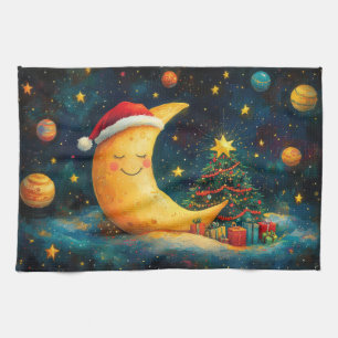 Funny Christmas Moon Galaxy Celebration Kitchen Towel