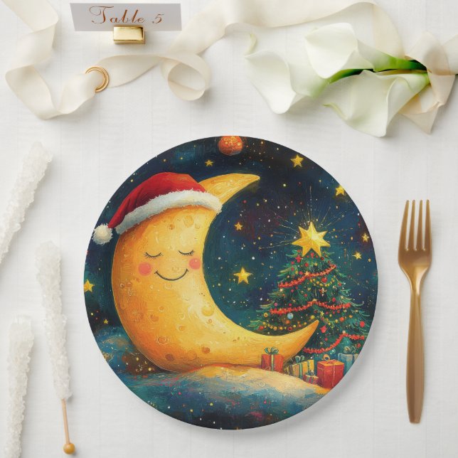 Funny Christmas Moon Galaxy Celebration Paper Plate (Wedding)