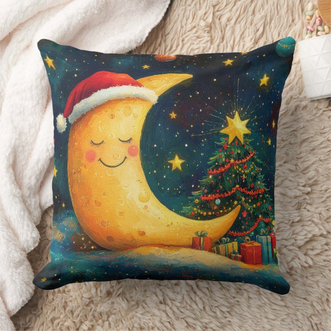 Funny Christmas Moon Galaxy Celebration Throw Pillow (Blanket)