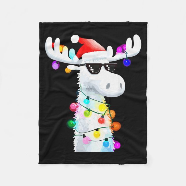 Funny Christmas Moose With Sungles And Holiday Lig Fleece Blanket (Front)