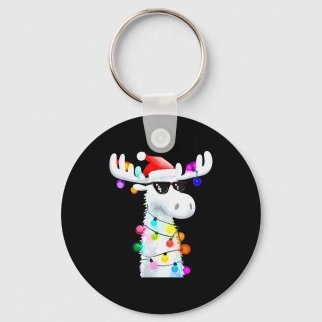 Funny Christmas Moose With Sungles And Holiday Lig Keychain (Front)
