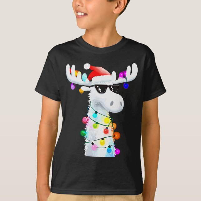 Funny Christmas Moose With Sungles And Holiday Lig T-Shirt (Front)