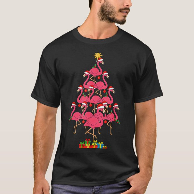 Funny Christmas Nk Flamingo Tree Holiday Bird Love T-Shirt (Front)