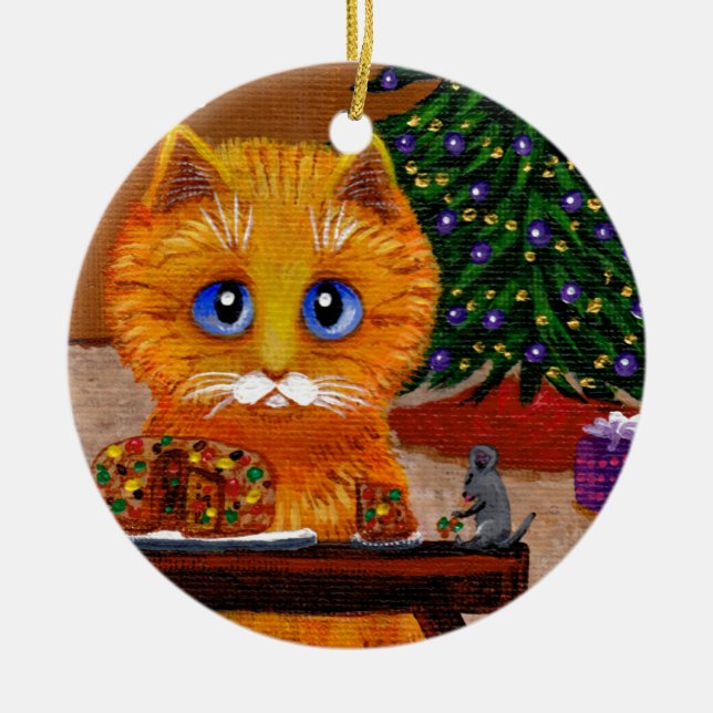 Funny Christmas Orange Cat Art Creationarts Ceramic Ornament (Front)