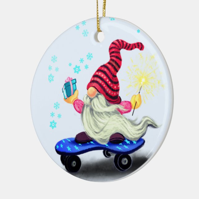 Funny Christmas Ornament Skater Gnome with Gifts (Left)
